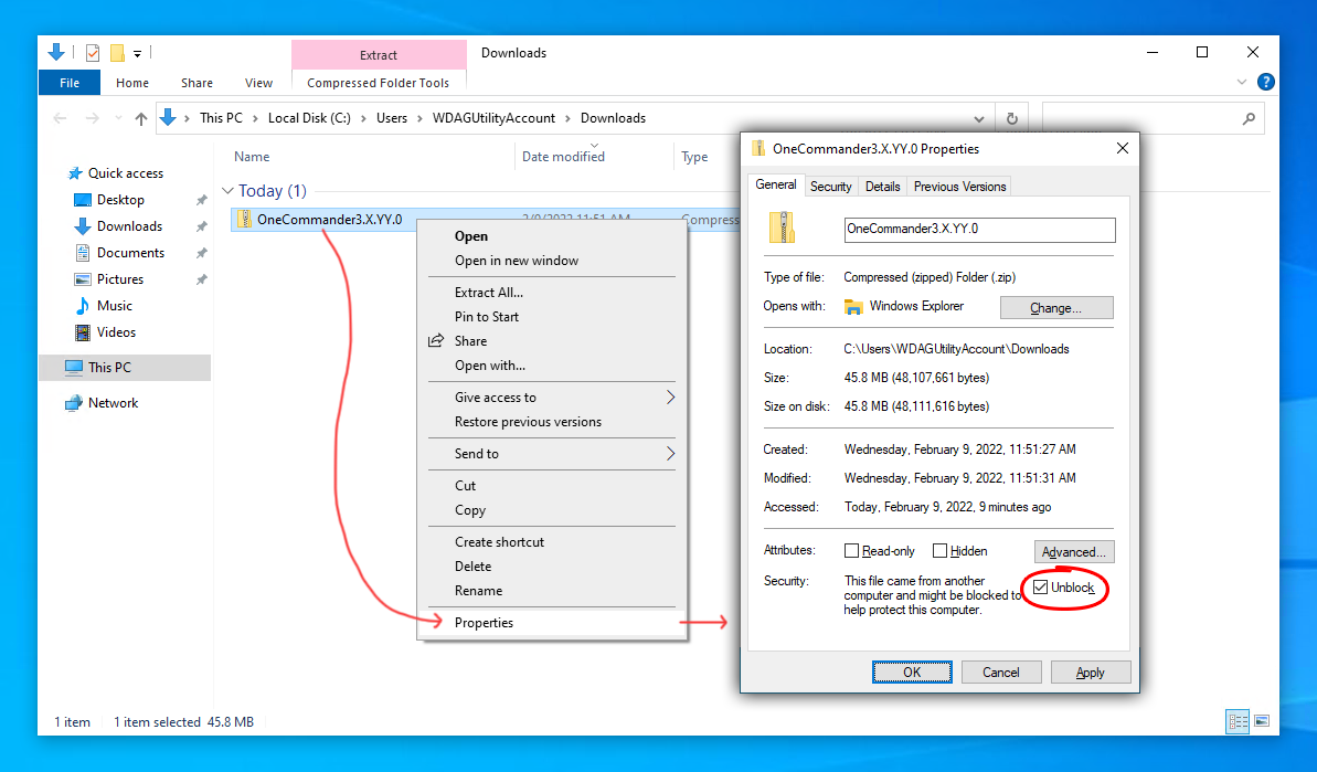 Windows 中解除 ZIP 安全锁定的示意图